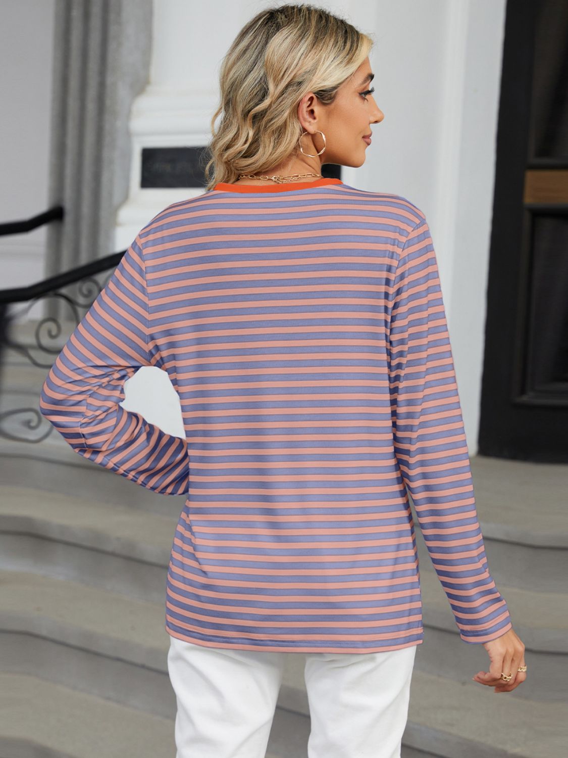 Liza Striped Notched Long Sleeve T-Shirt - ThingsWeUseAndLove 