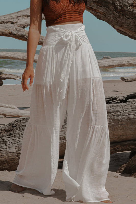 Smocked Tied Wide Leg Pants - ThingsWeUseAndLove White-XL