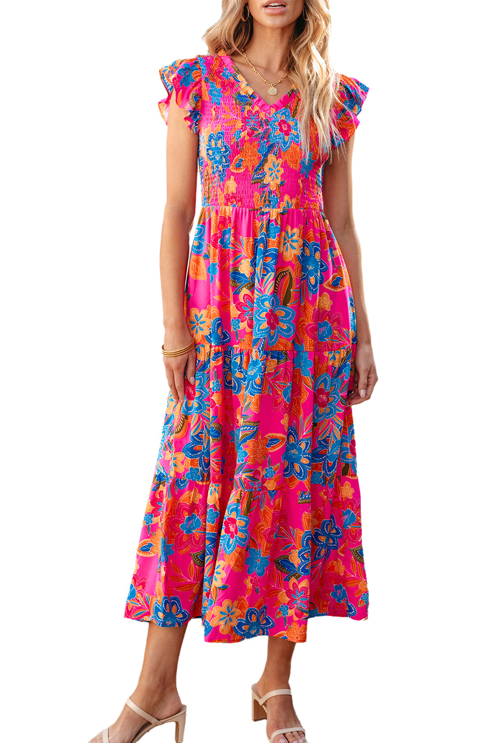 Rose Red Boho Floral V Neck Ruffle Tiered Long Dress - ThingsWeUseAndLove 