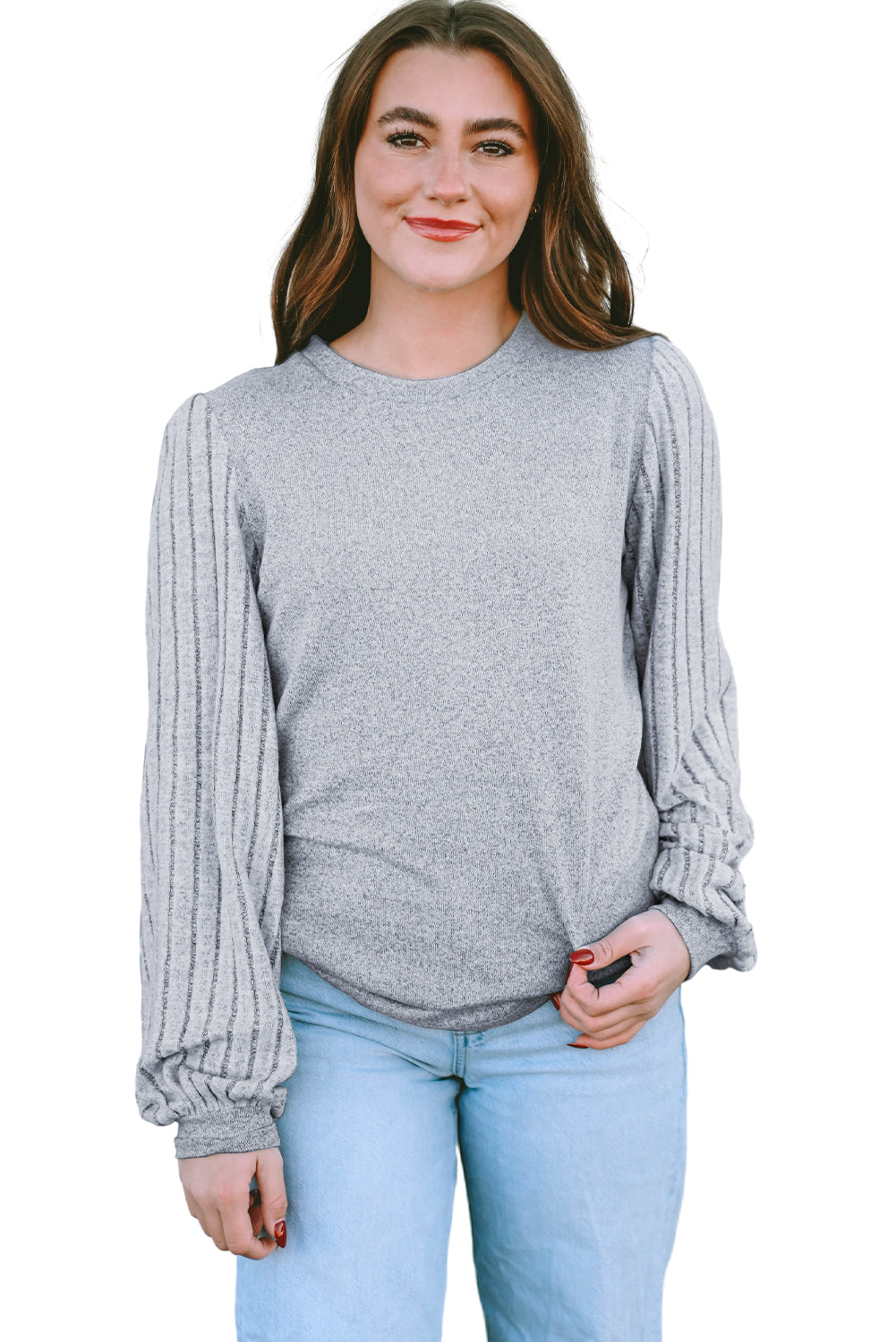 Gray Solid Color Contrast Ribbed Bishop Sleeve Top - ThingsWeUseAndLove 