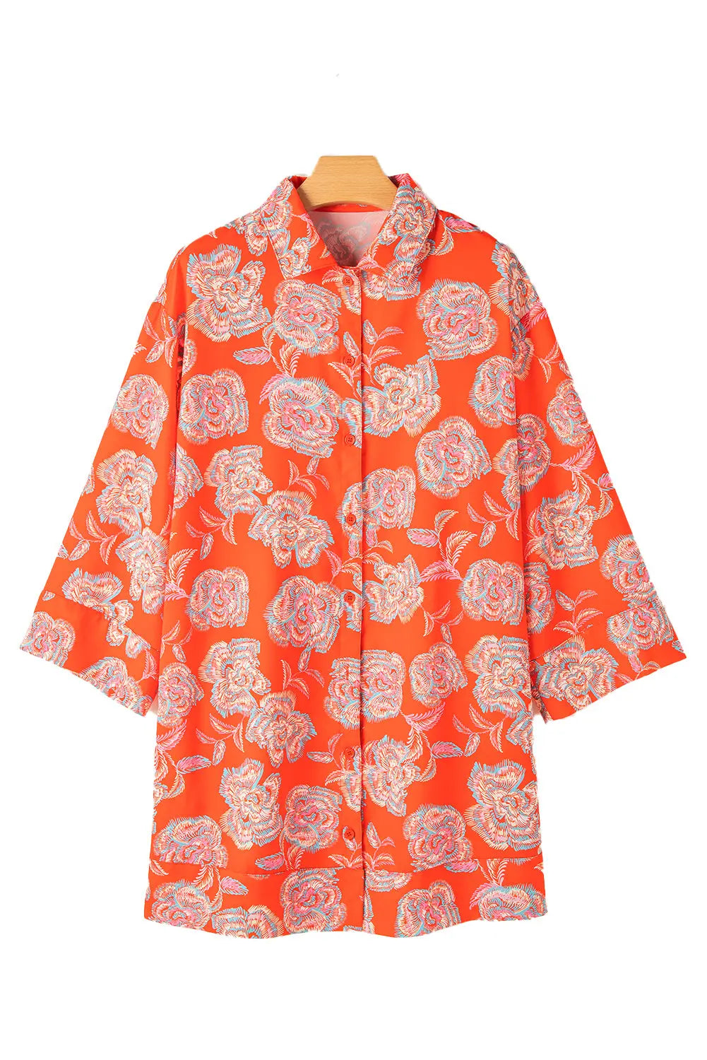 Red Floral Print Lapel Collar Loose Shirt Mini Dress - ThingsWeUseAndLove 