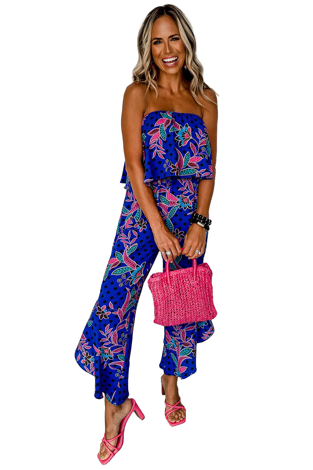 Tropical Print Strapless Ruffle Jumpsuit - ThingsWeUseAndLove 