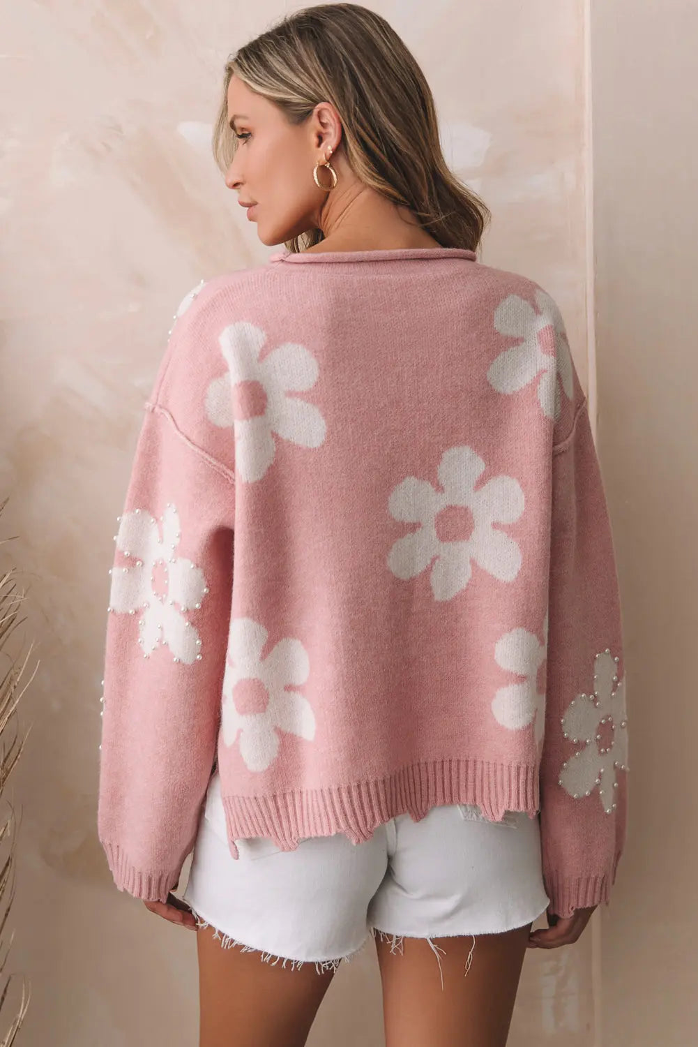 Flower Pattern Pearl Detail Rolled Slit Sweater - ThingsWeUseAndLove 