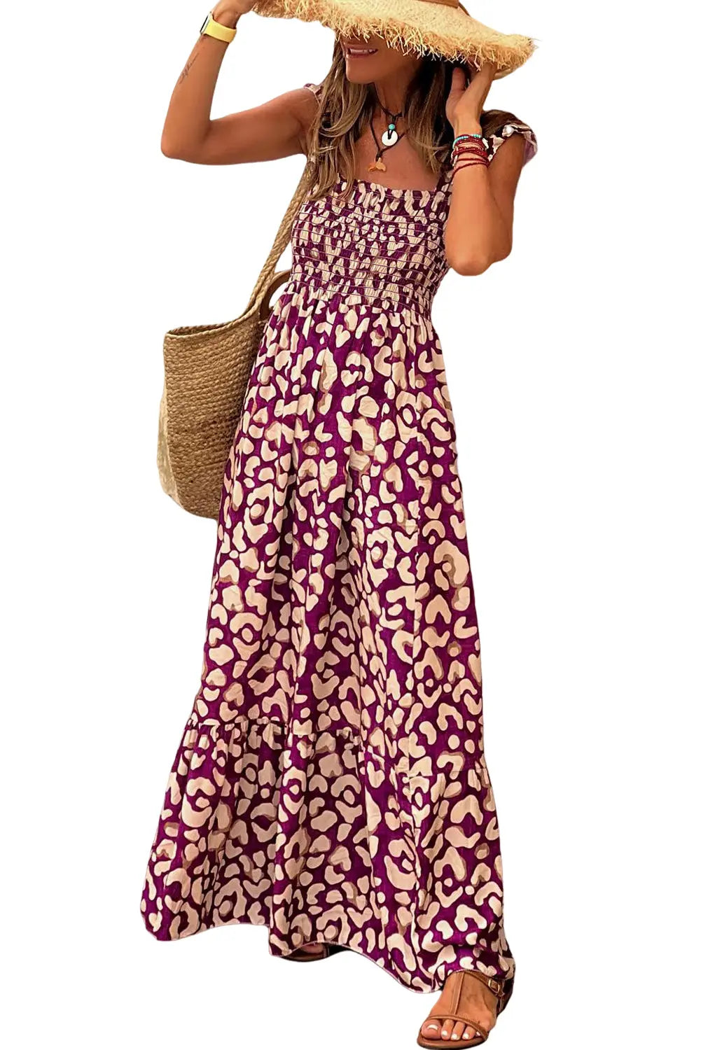 Rose Leopard Ruffle Straps Smocked High Waist Maxi Dress - ThingsWeUseAndLove 