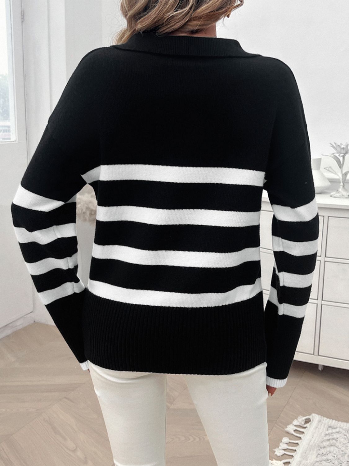 Paityn Collared Neck Long Sleeve Striped Sweater - ThingsWeUseAndLove 