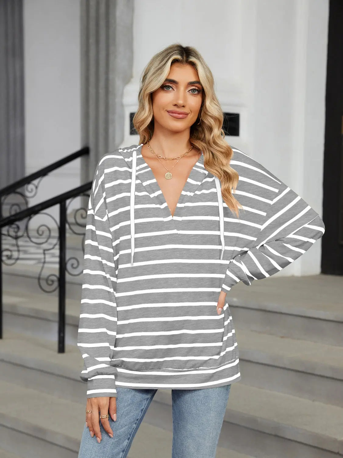 Drawstring Striped Long Sleeve Hoodie - ThingsWeUseAndLove Gray-2XL