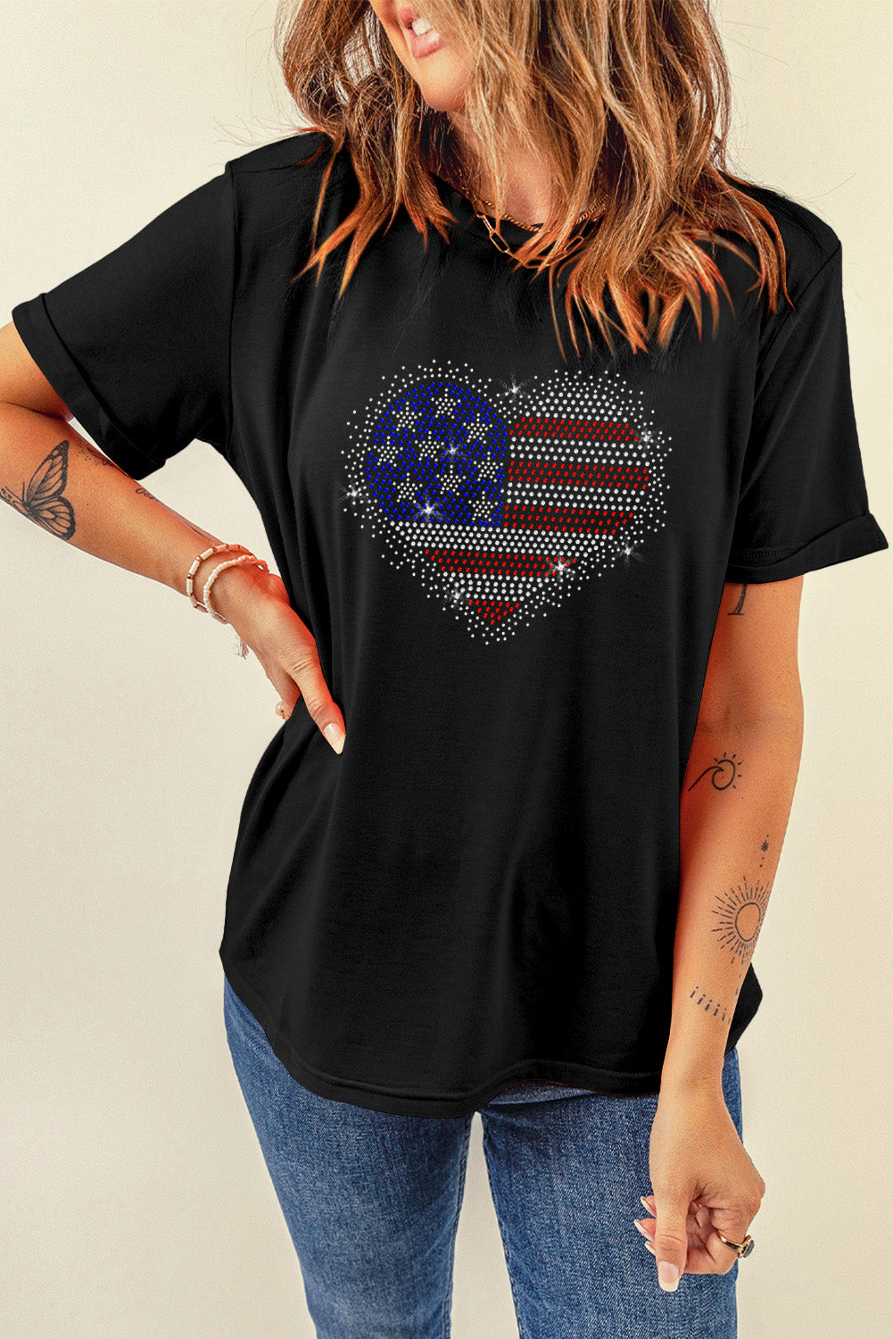 Rhinestone Heart Round Neck Short Sleeve T-Shirt - ThingsWeUseAndLove Black-XL