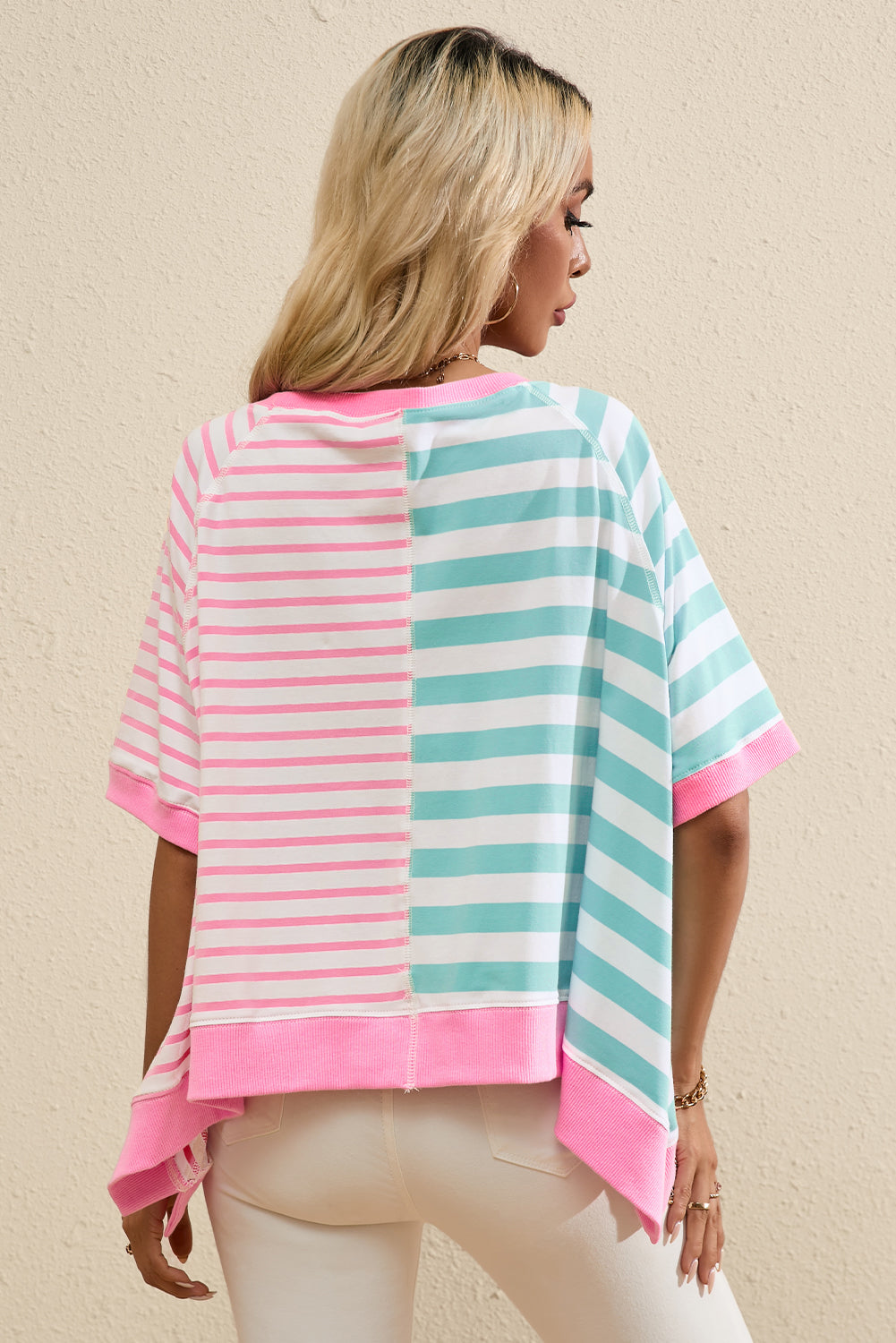 Pink Stripe Contrast Patchwork Oversized T Shirt - ThingsWeUseAndLove 