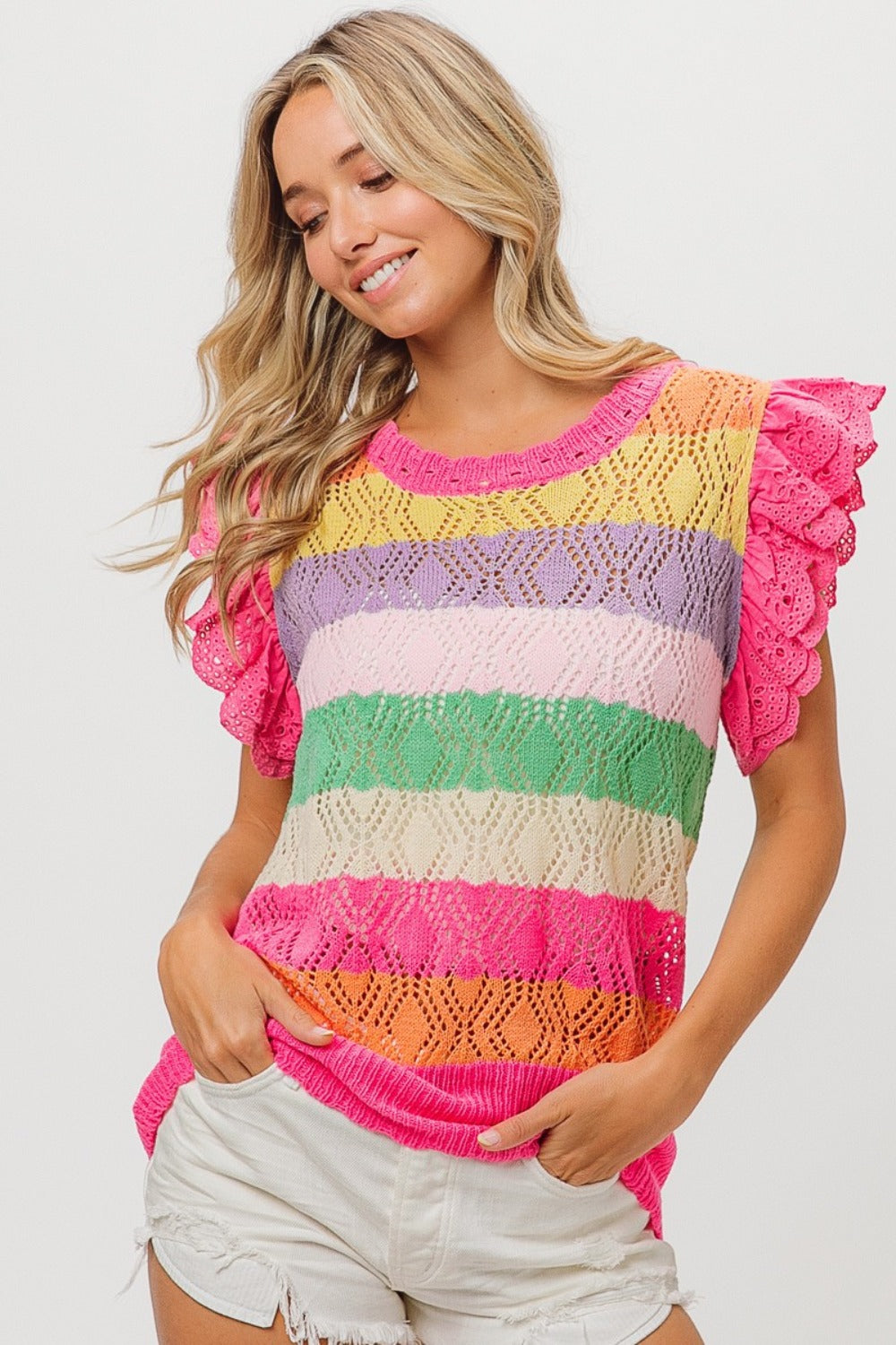 Rainbow  Striped Ruffled Knit Top - ThingsWeUseAndLove Fuchsia-Combo-XL