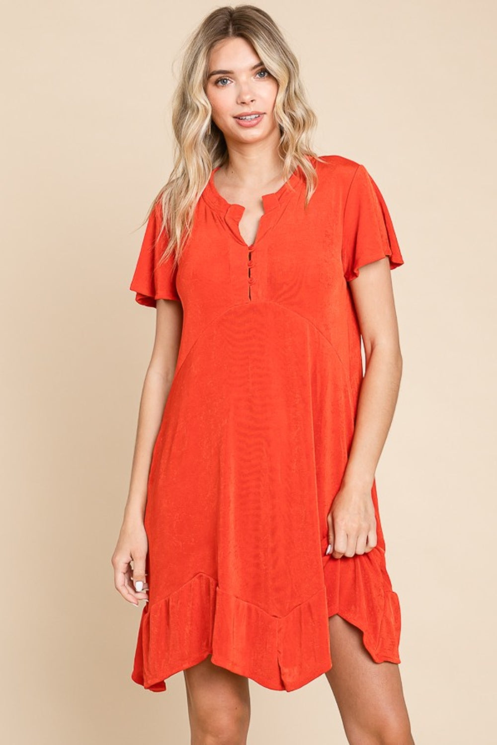 Simple Elegant Scarlet Short Sleeve Ruffled Asymmetric Hem Dress - ThingsWeUseAndLove 