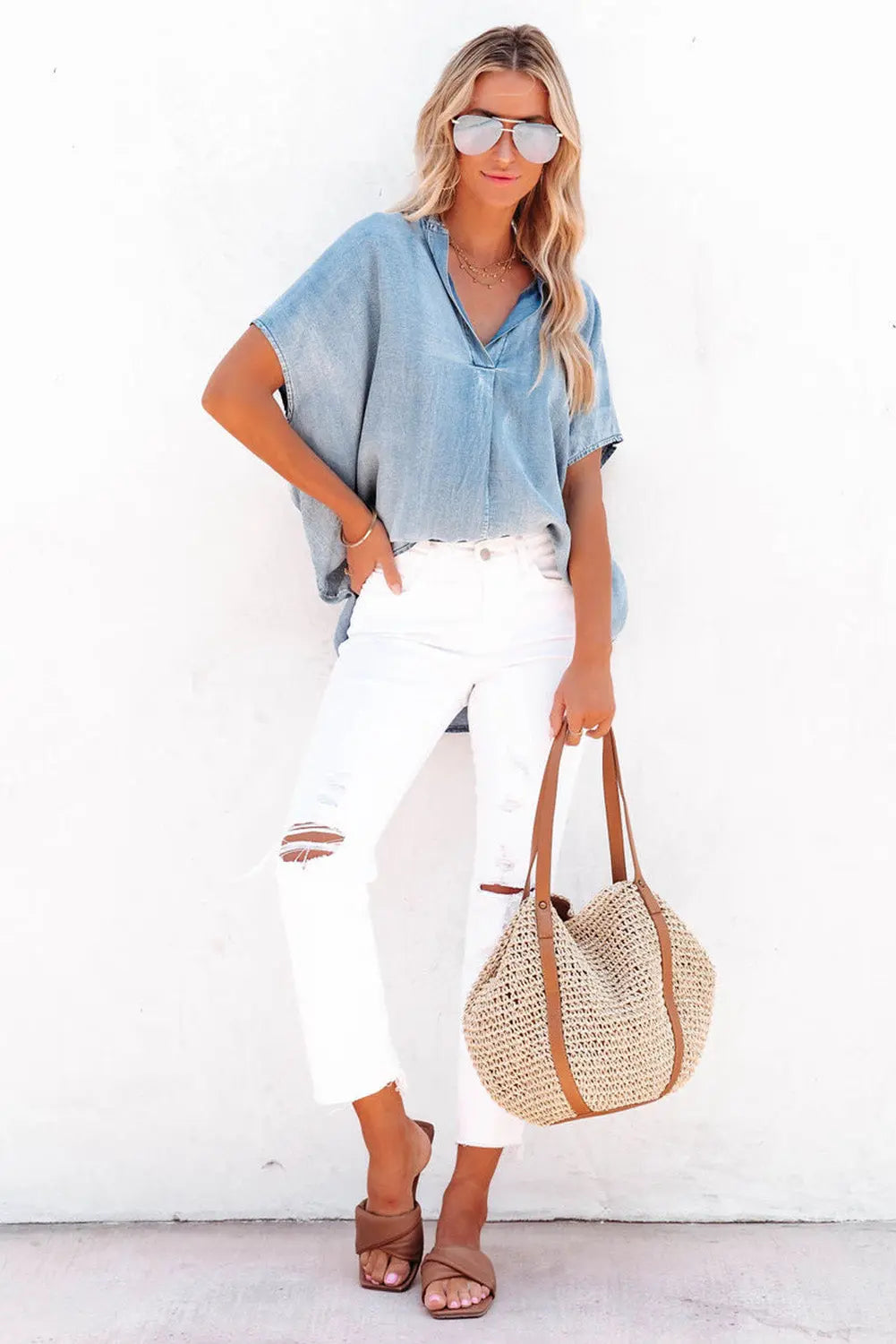 Sky Blue Split V Neck Loose Denim Blouse - ThingsWeUseAndLove 