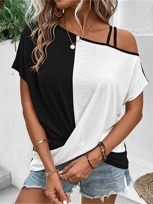 Colleen Contrast Asymmetrical Neck Short Sleeve T-Shirt - ThingsWeUseAndLove Black-2XL