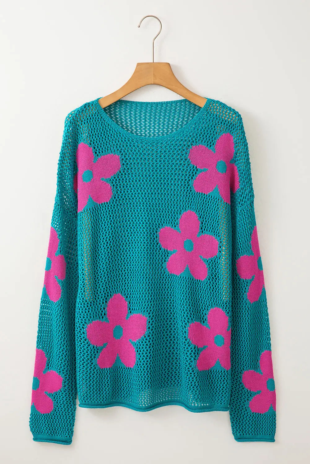 Sea Green 60s Flower Drop Shoulder Hollow Knit Top - ThingsWeUseAndLove 