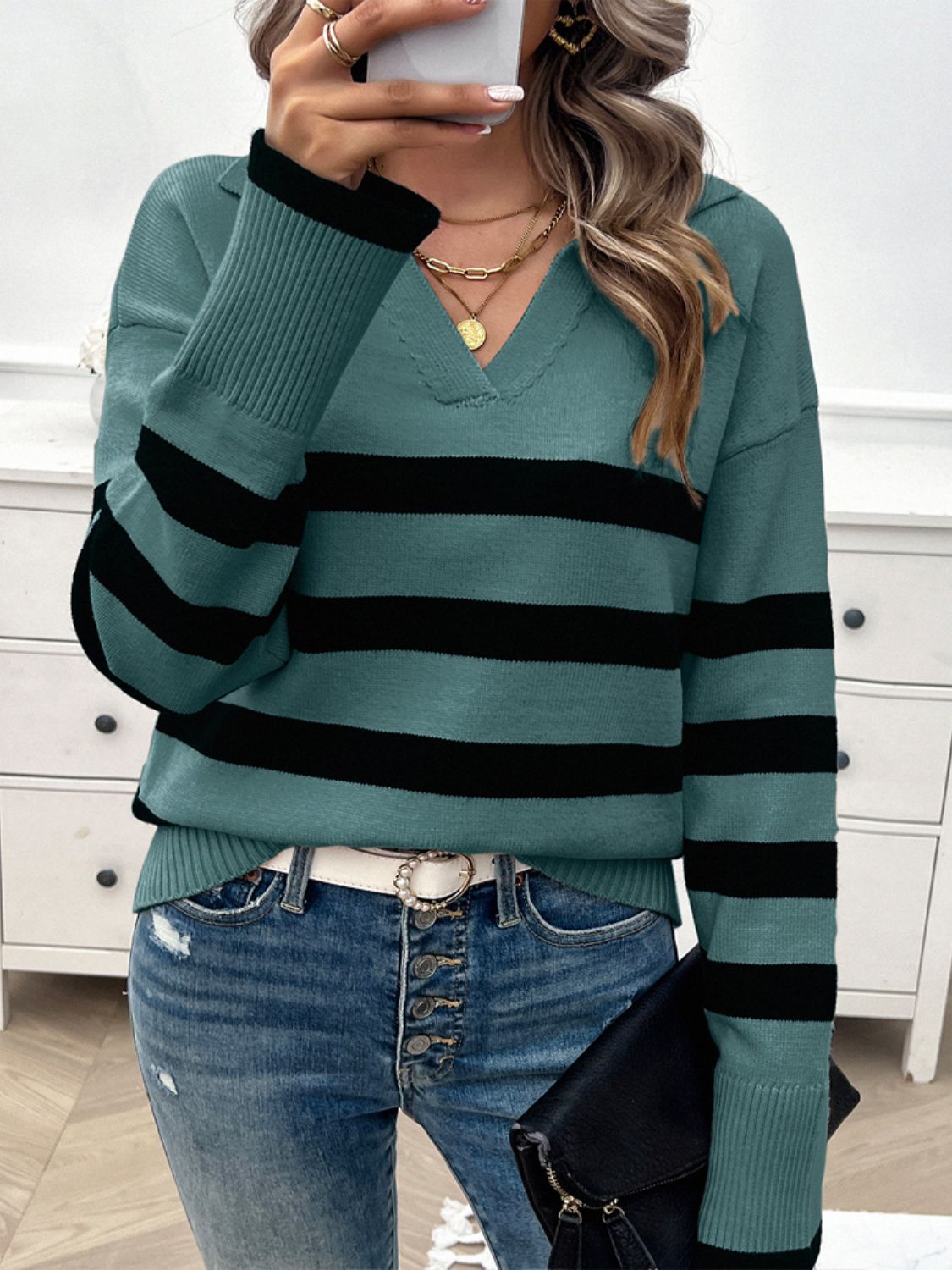 Paityn Collared Neck Long Sleeve Striped Sweater - ThingsWeUseAndLove 