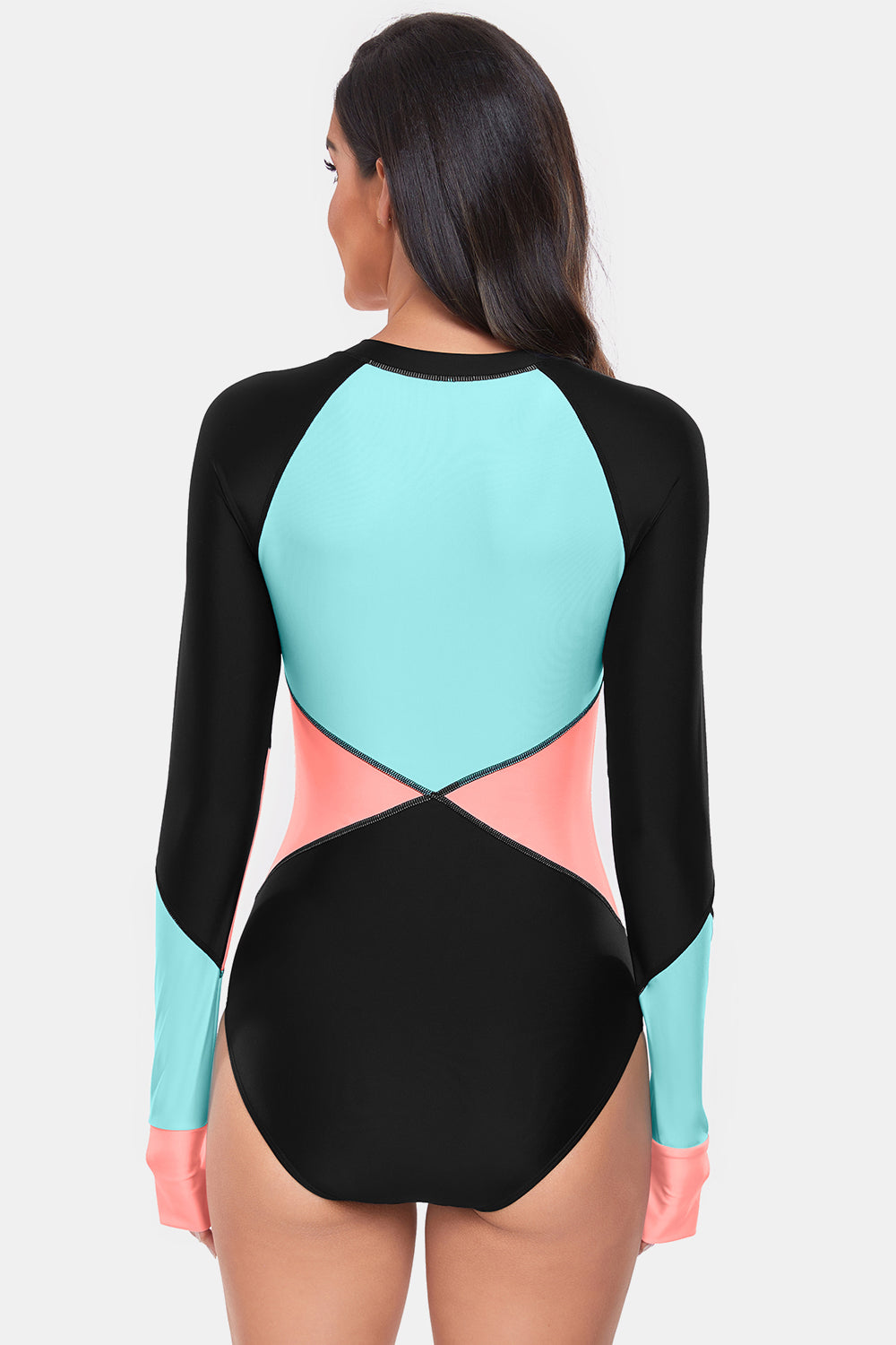 Bree Half Zip Long Sleeve Color Block One-Piece Swimwear - ThingsWeUseAndLove 