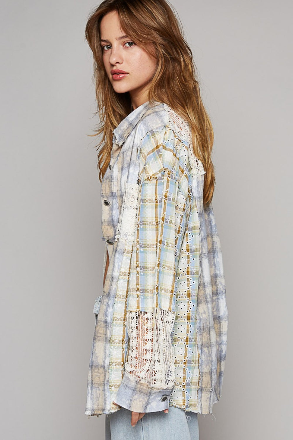 POL Long Sleeve Embroidered Crochet Plaid Shirt - ThingsWeUseAndLove 