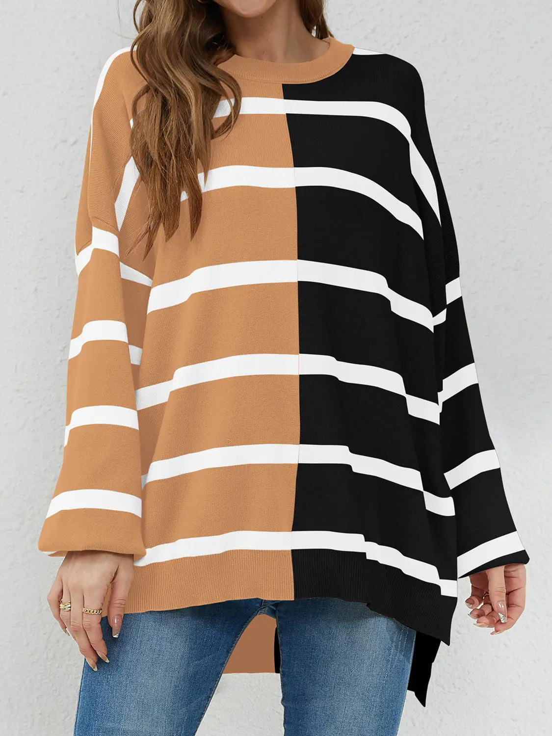 Long Sleeve Striped Round Neck Sweater - ThingsWeUseAndLove 