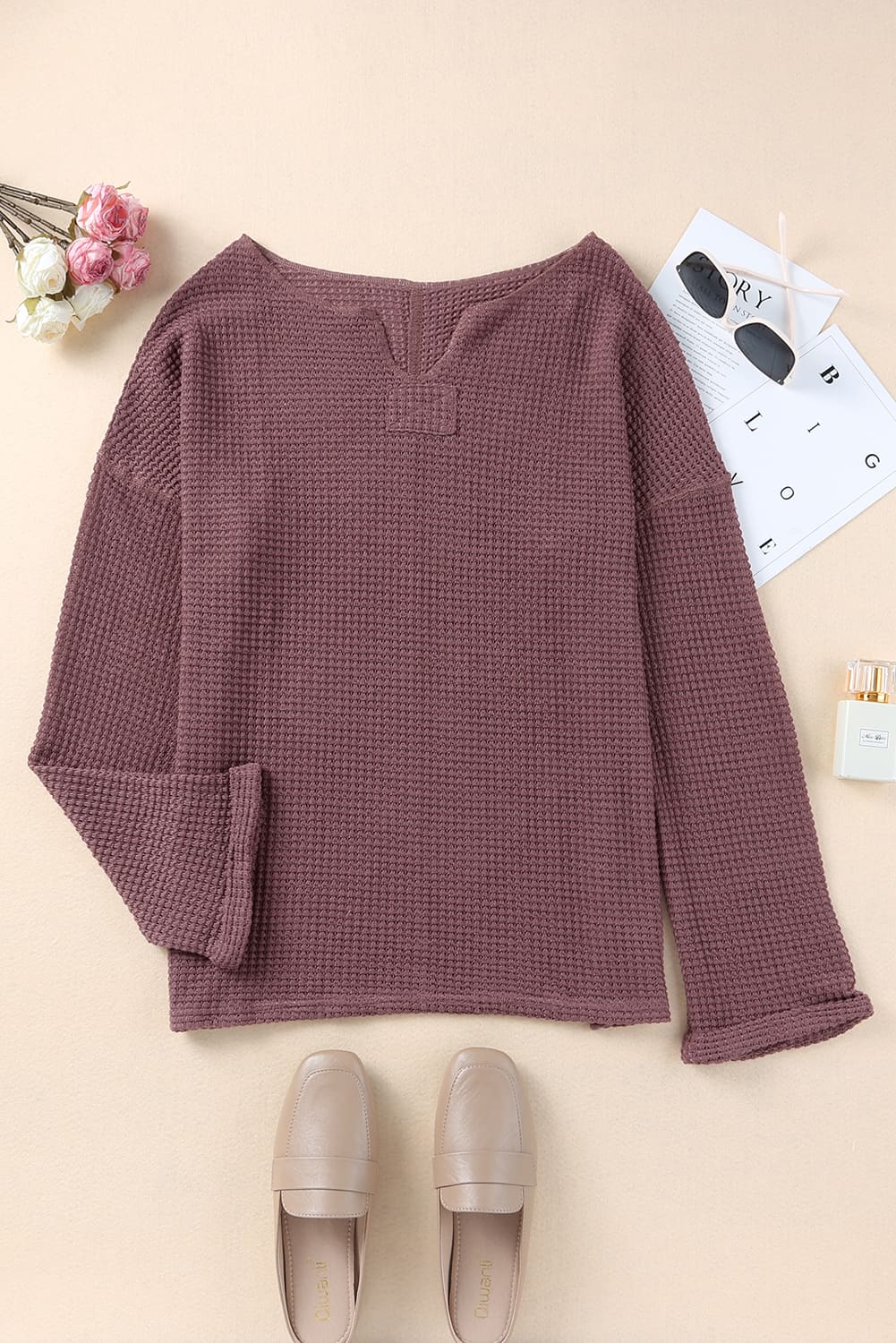 Split V Neck Drop Shoulder Waffle Knit Long Sleeve Top - ThingsWeUseAndLove 