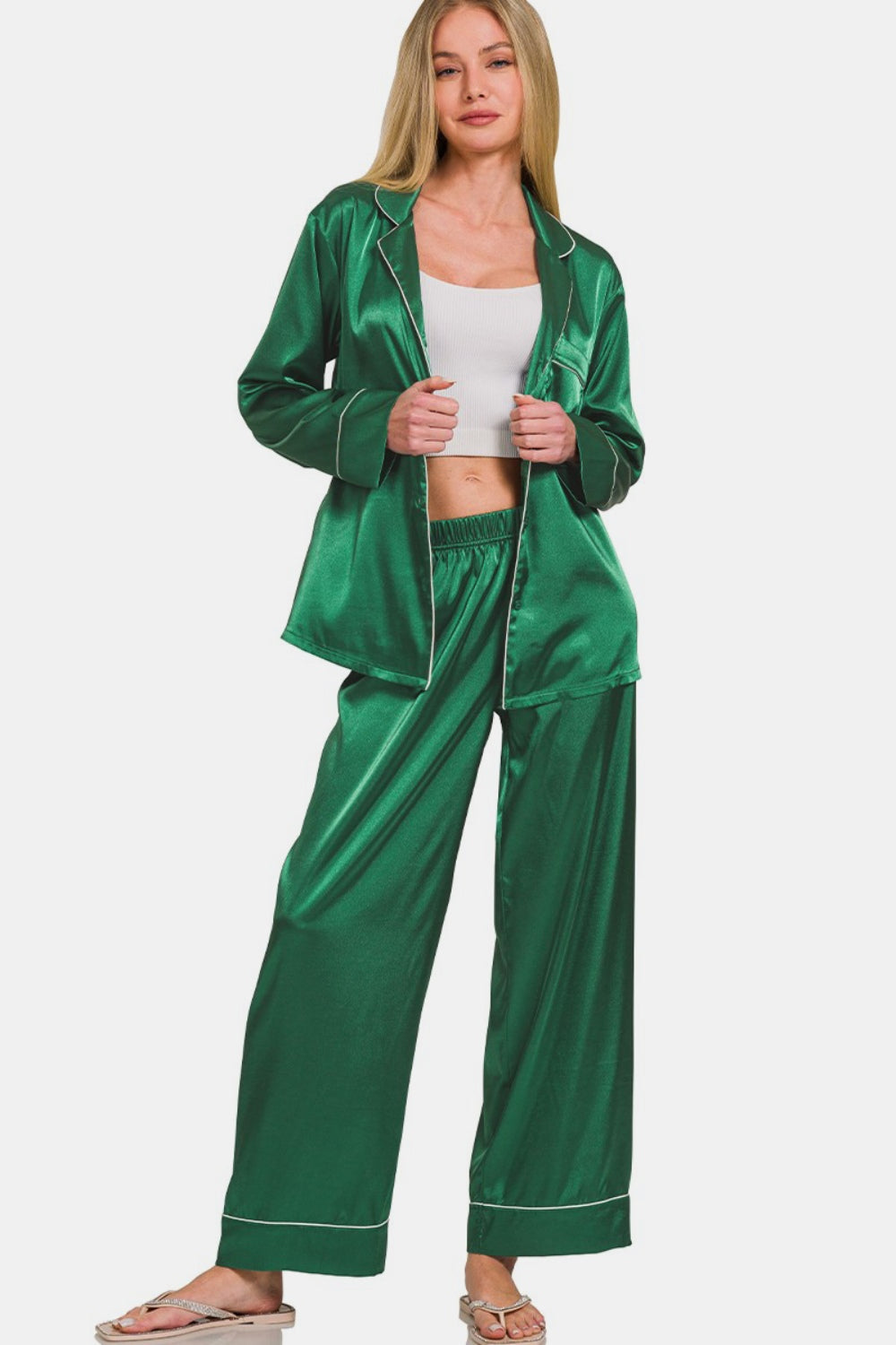 Satin Long Sleeve Shirt and Pants Pajama Set - ThingsWeUseAndLove 