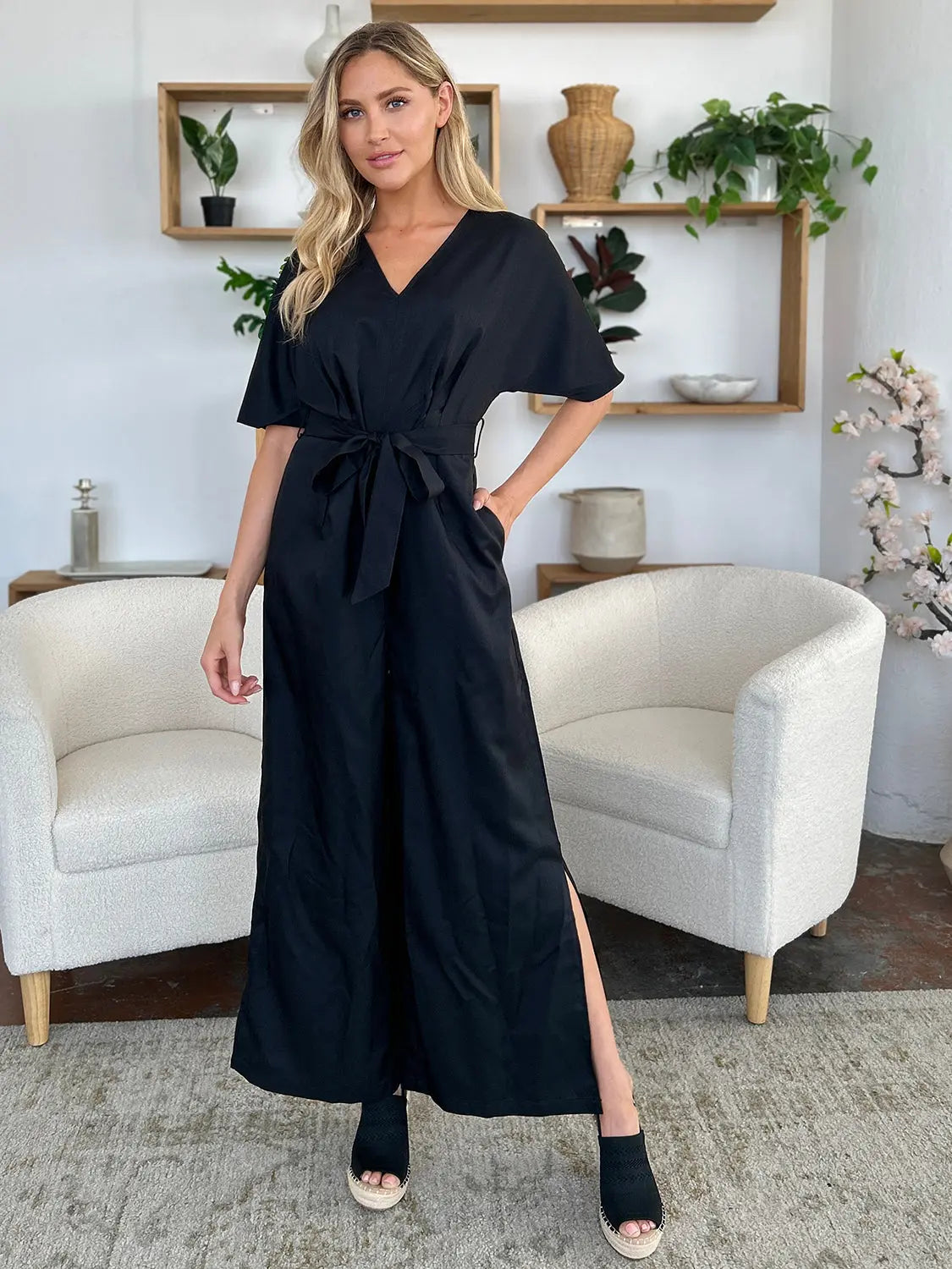 Size Inclusive V-Neck Tied Side Slit Jumpsuit - ThingsWeUseAndLove 