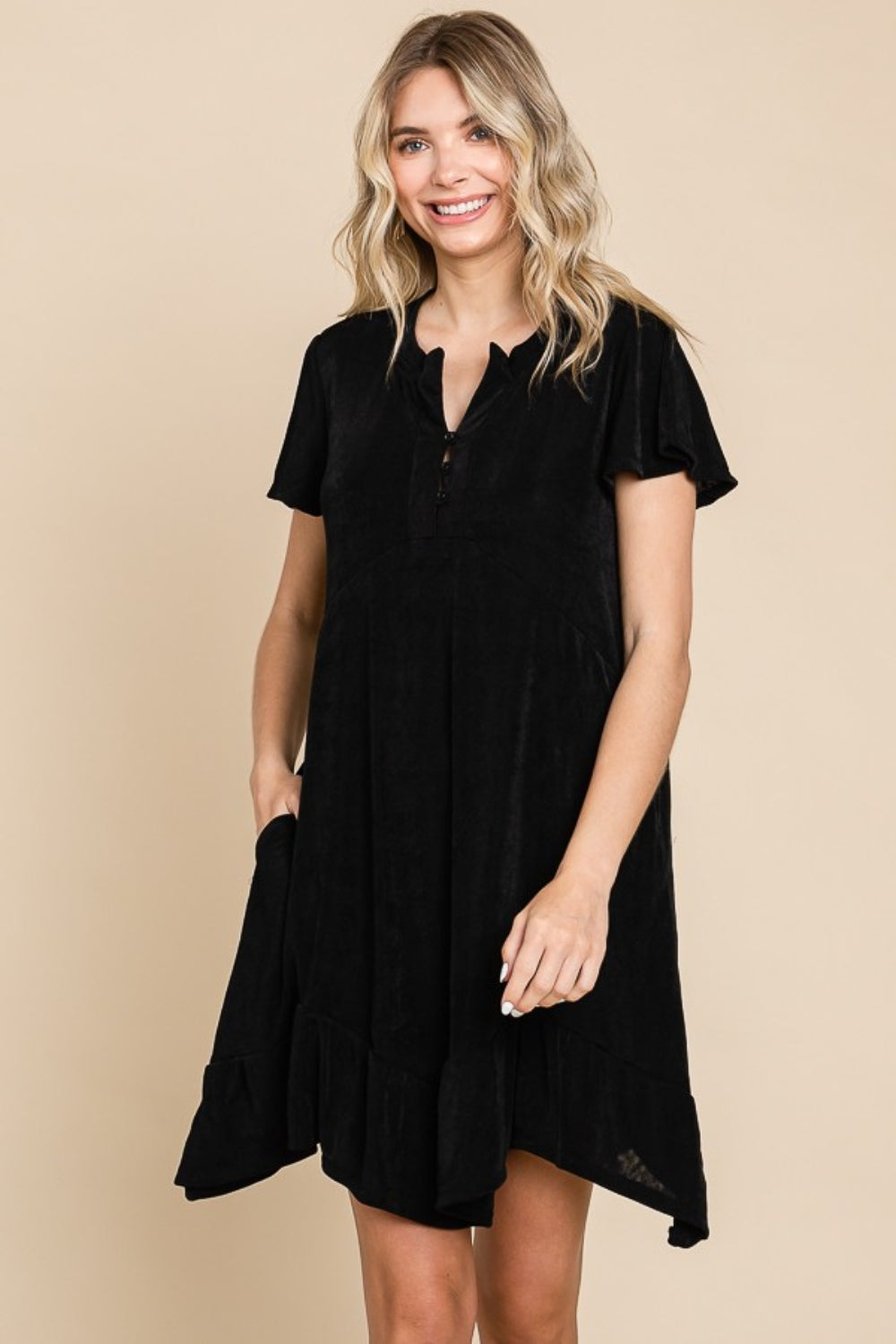 Simple Elegant Black Short Sleeve Ruffled Asymmetric Hem Dress - ThingsWeUseAndLove Black-3XL