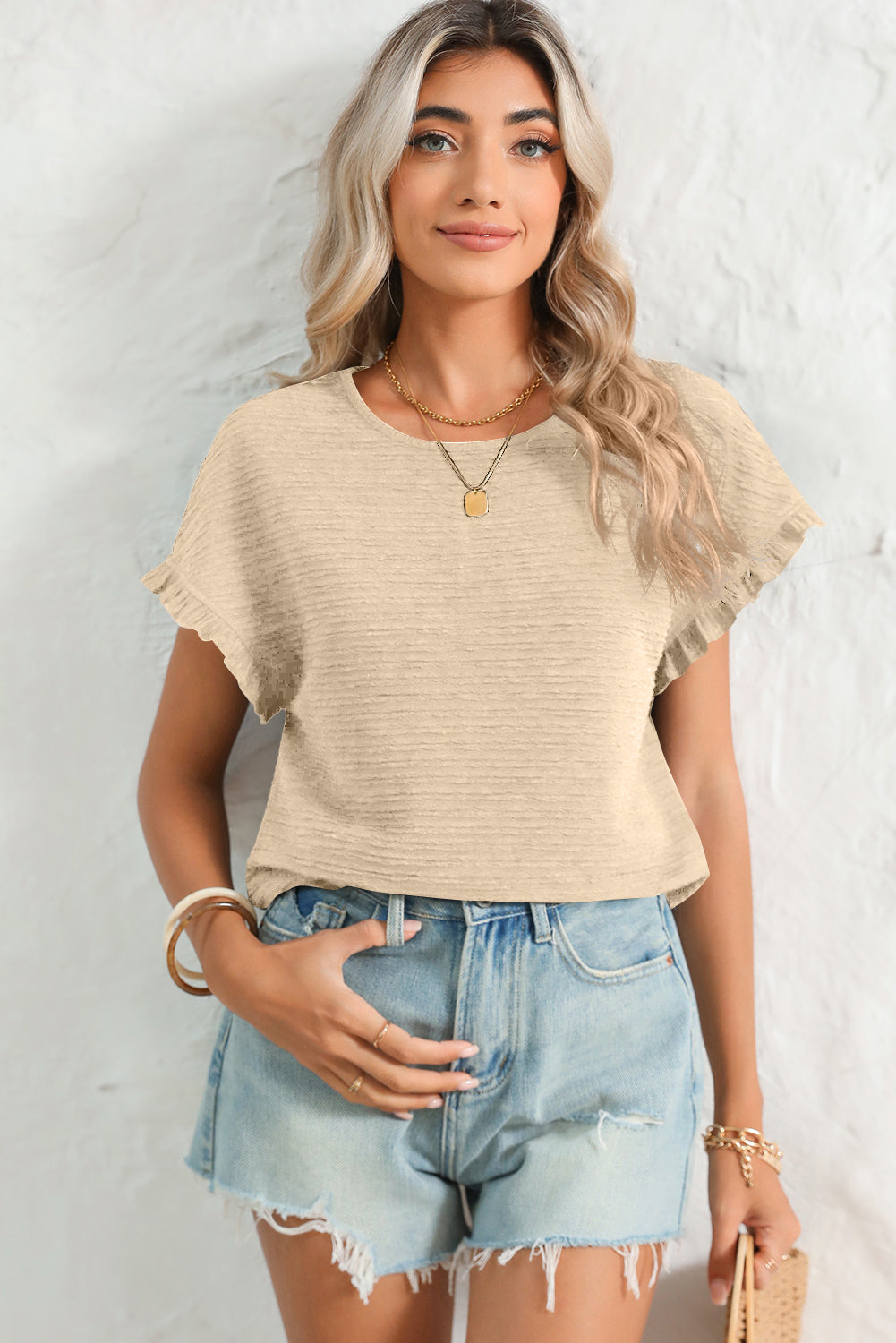 Solid Textured Frill Cuffs Short Sleeve Blouse - ThingsWeUseAndLove 