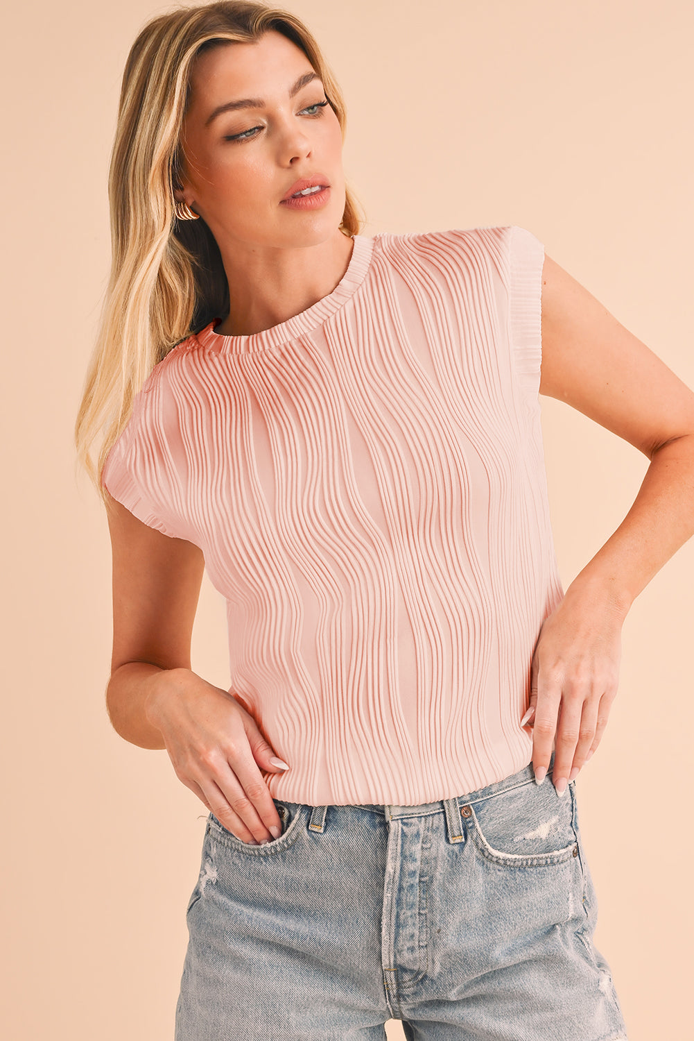 Wavy Textured Cap Sleeve Top - ThingsWeUseAndLove 