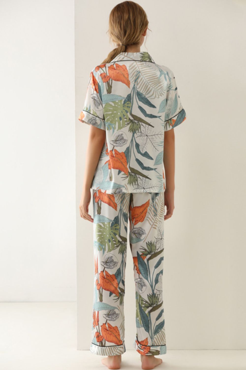 Botanical Print Button-Up Top and Pants Pajama Set - ThingsWeUseAndLove 