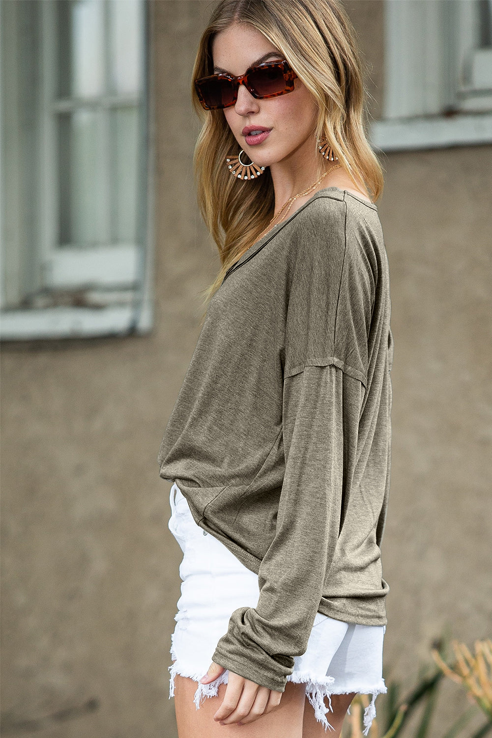 Khaki Long Sleeve V-Neck Stitching Henley Top - ThingsWeUseAndLove 