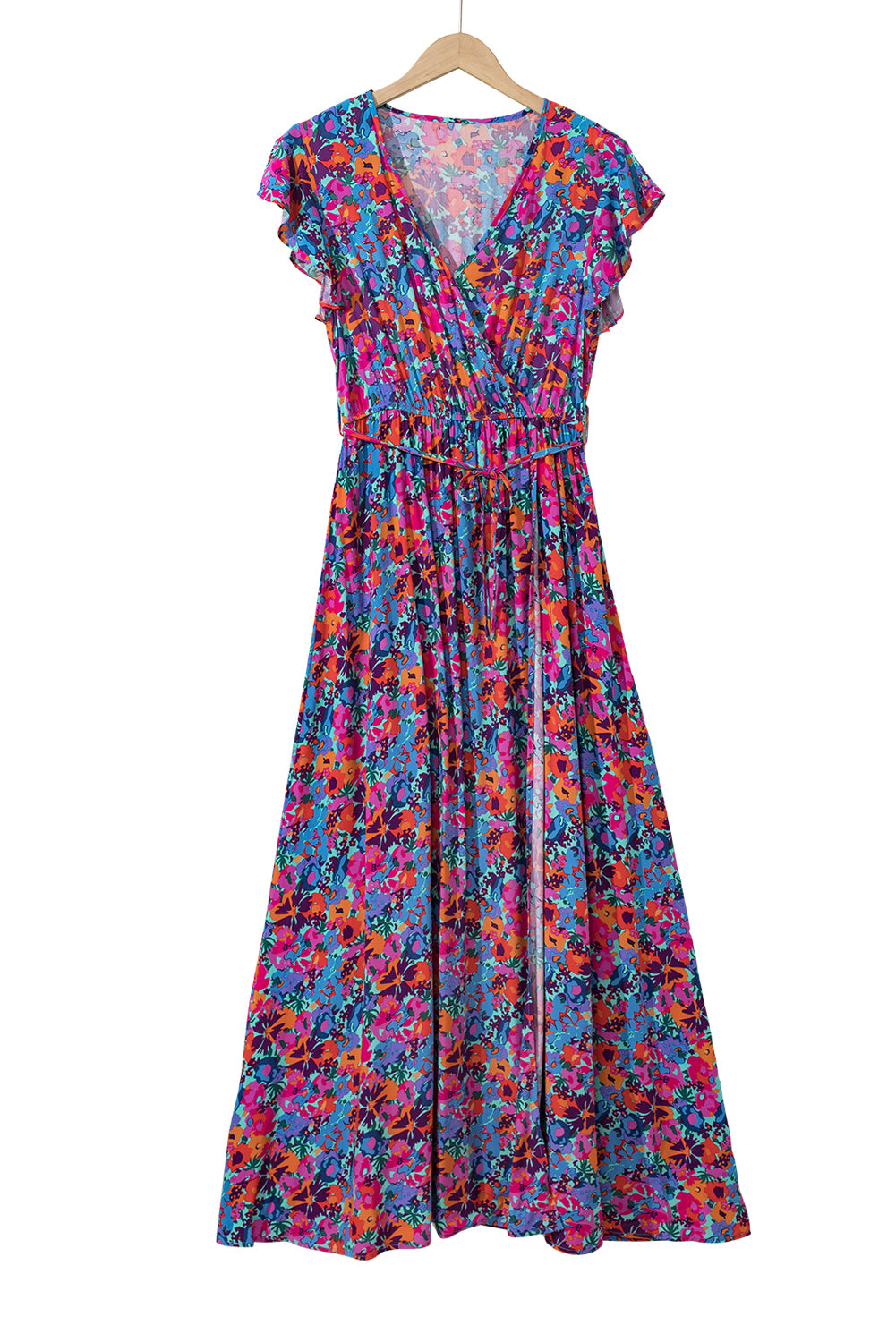 Blue Boho Floral Print V Neck Wrap Split Maxi Dress - ThingsWeUseAndLove 