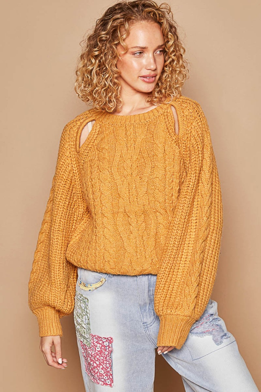 Cable Knit Cutout Long Sleeve Sweater - ThingsWeUseAndLove Honey-Mustard-L