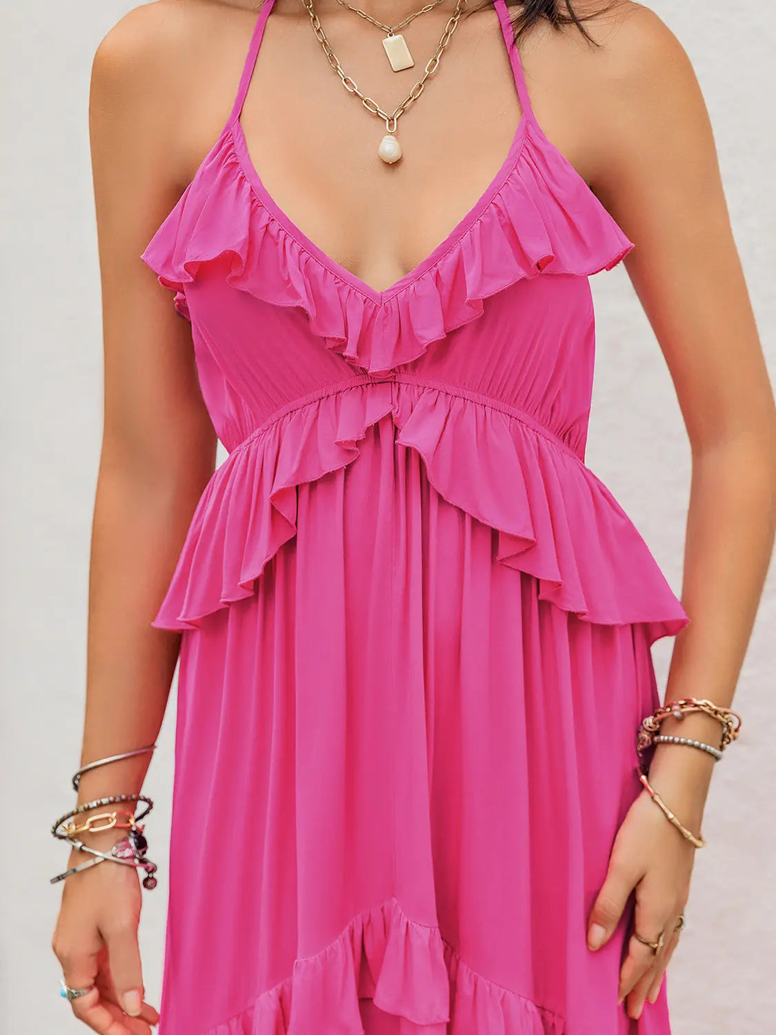 Flora Ruffled Halter Neck Sleeveless Maxi Dress - ThingsWeUseAndLove 
