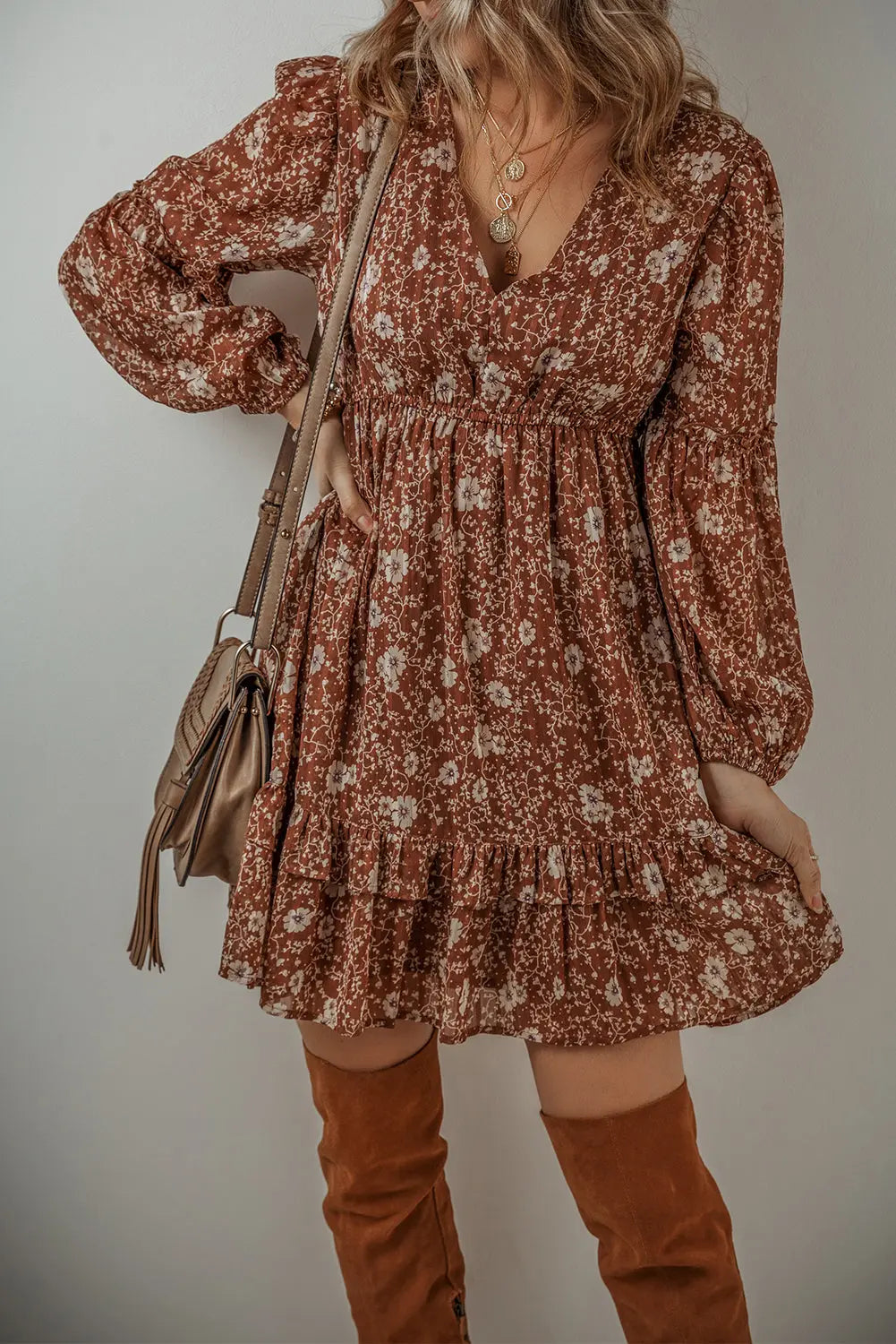 Brown Boho Floral Ruffle Puff Sleeve V Neck Mini Dress - ThingsWeUseAndLove 