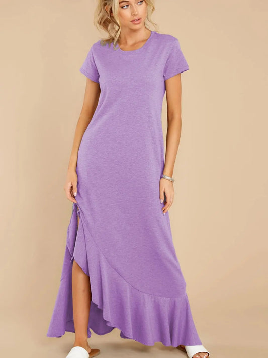 Short Sleeve Slit Round Neck Maxi Dress - ThingsWeUseAndLove 