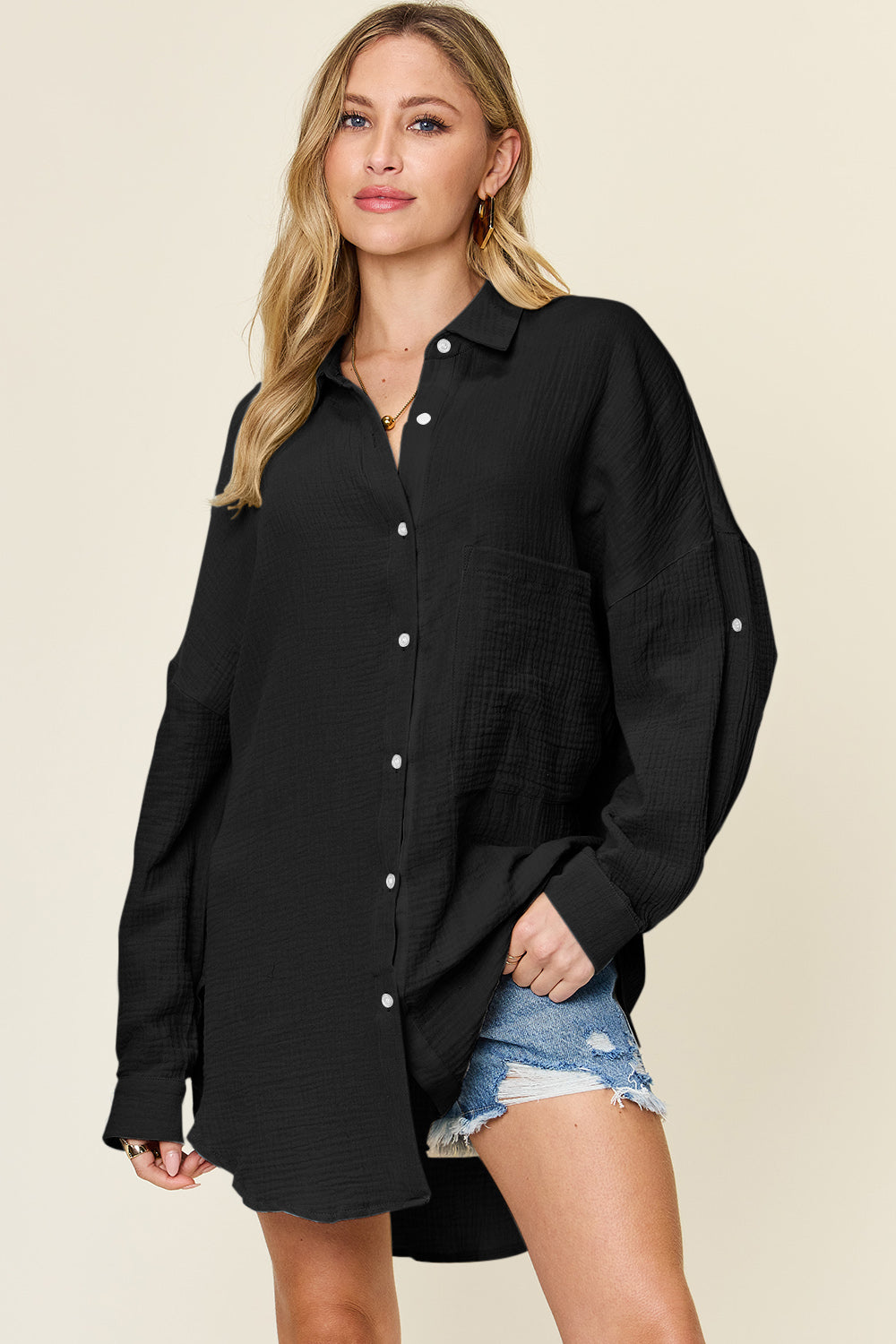 Simone Size Inclusive Pocketed Texture Button Up Shirt - ThingsWeUseAndLove 