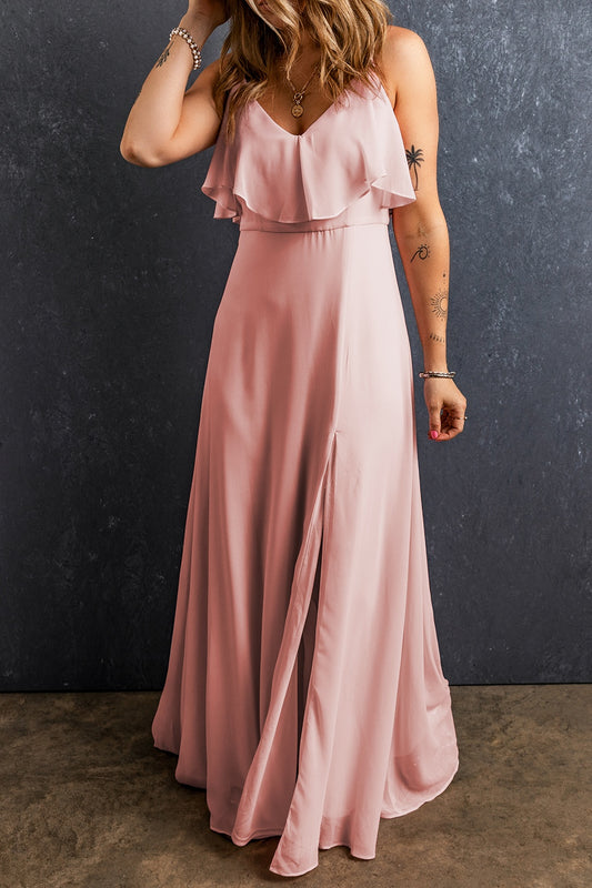 Slit Ruffled V-Neck Maxi Dress - ThingsWeUseAndLove Watermelon-pink-XL