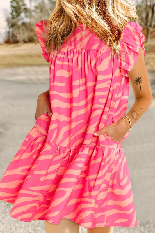 Pink Zebra Stripe Print Ruffle Trim Pocketed Mini Dress - ThingsWeUseAndLove Pink-XL