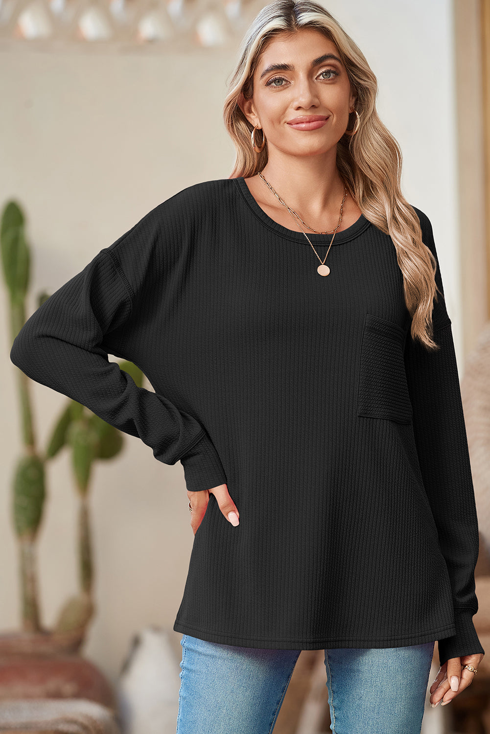 Ribbed Pocketed Long Sleeve Top - ThingsWeUseAndLove 