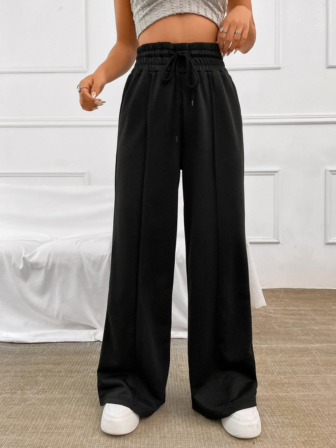 Drawstring Elastic Waist Wide Leg Pants