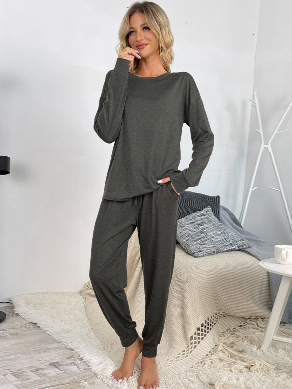 Zya Round Neck Top and Drawstring Pants Lounge Set - ThingsWeUseAndLove Dark-Gray-XL