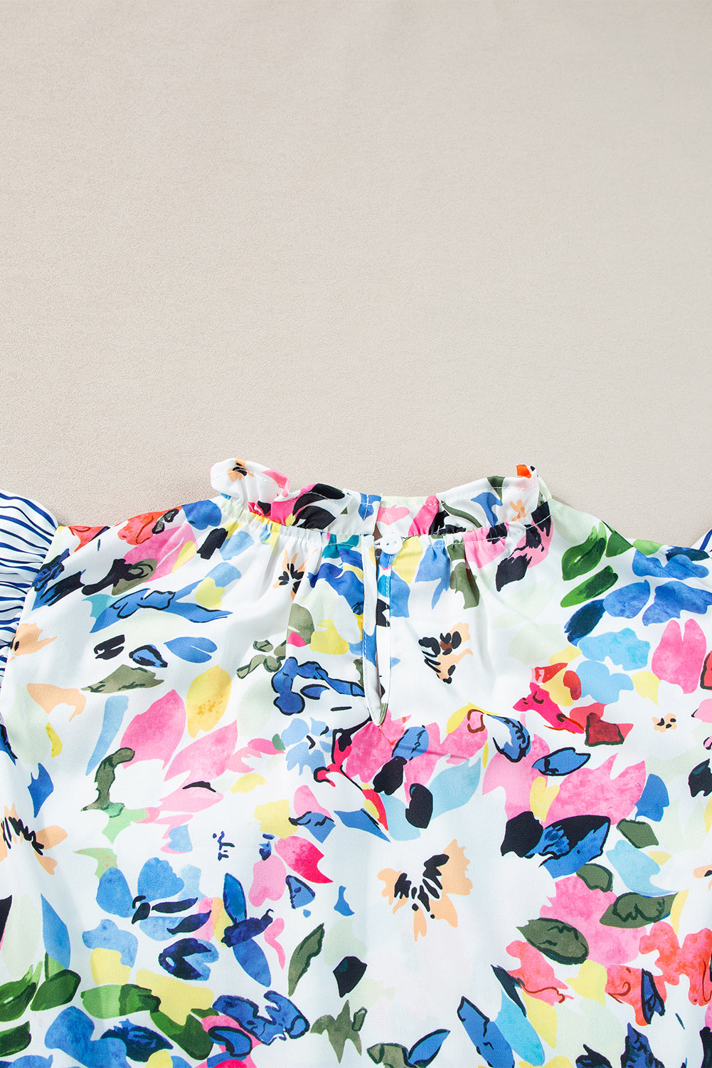 Light Blue Floral Print Striped Ruffled Sleeve Blouse - ThingsWeUseAndLove 