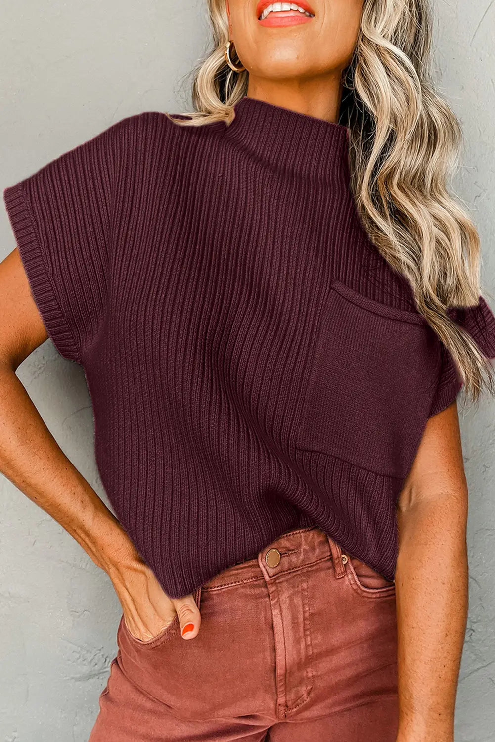 Gold Flame Patch Pocket Ribbed Knit Short Sleeve Sweater - ThingsWeUseAndLove 