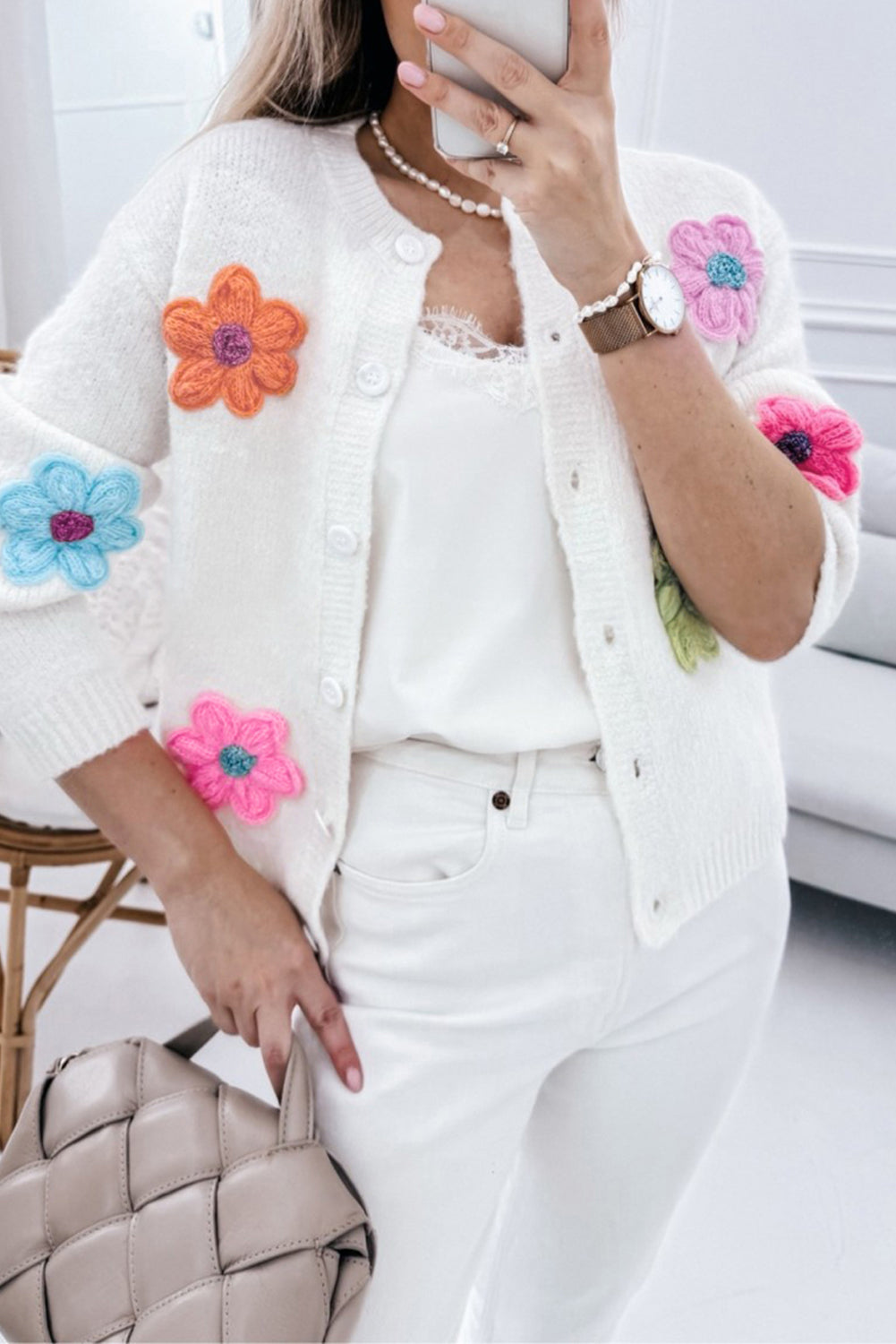 White Cute Flower Pattern Button-Up Cardigan - ThingsWeUseAndLove White-XL