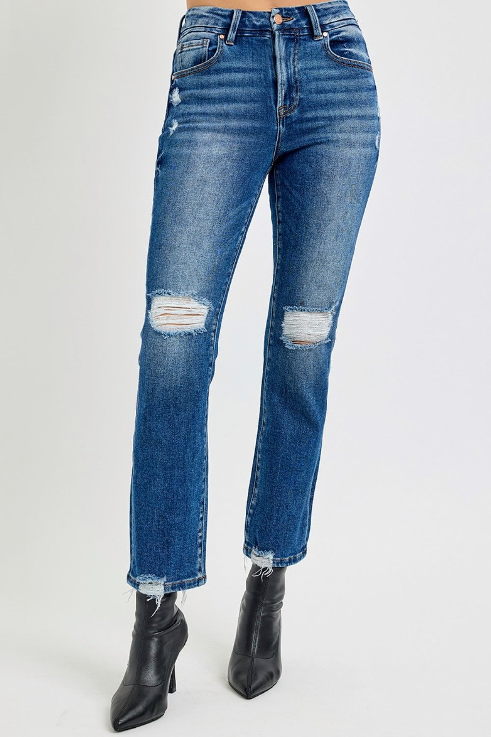 High Rise Distressed Crop Straight Jeans