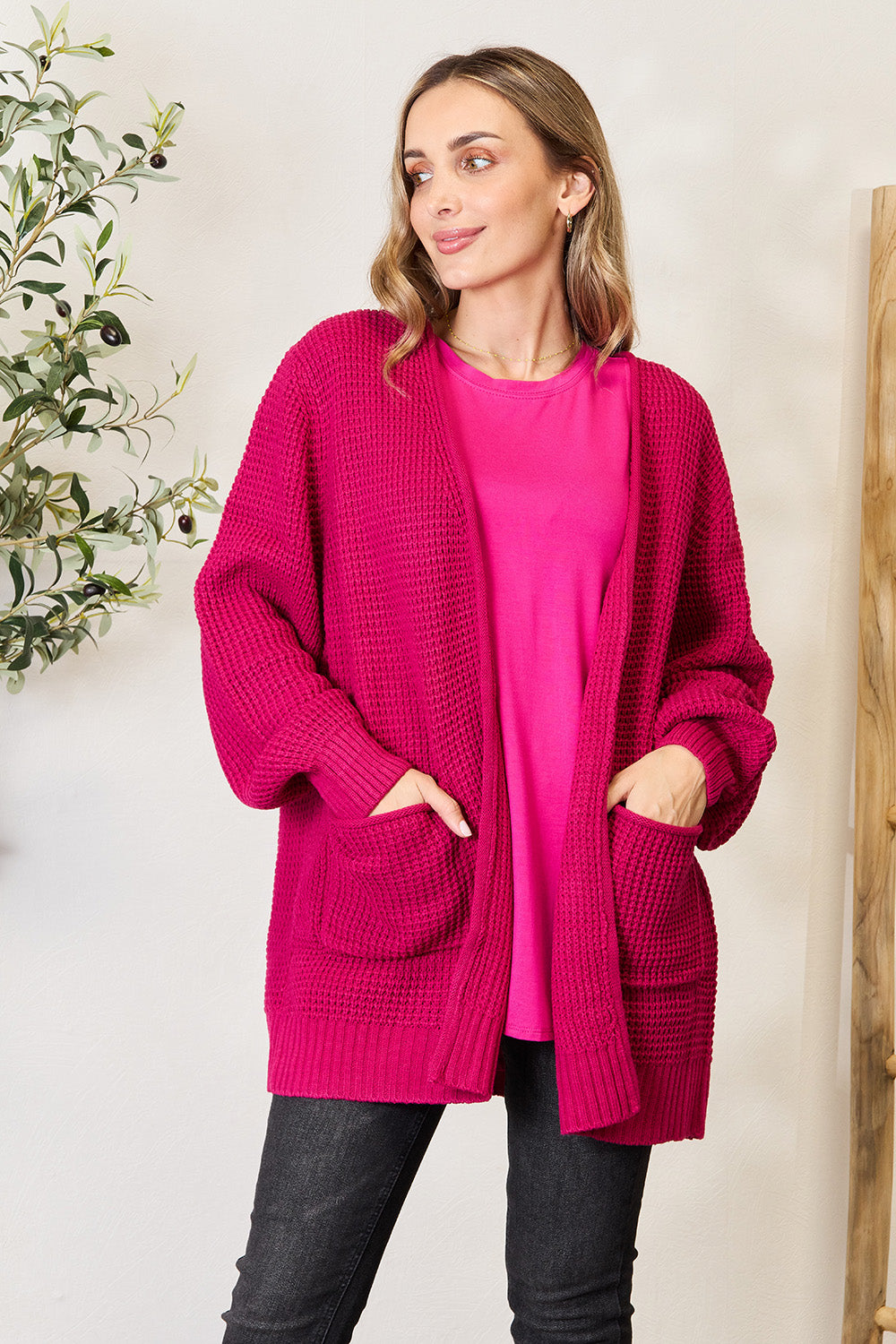 Magenta Waffle-Knit Open Front Cardigan - ThingsWeUseAndLove