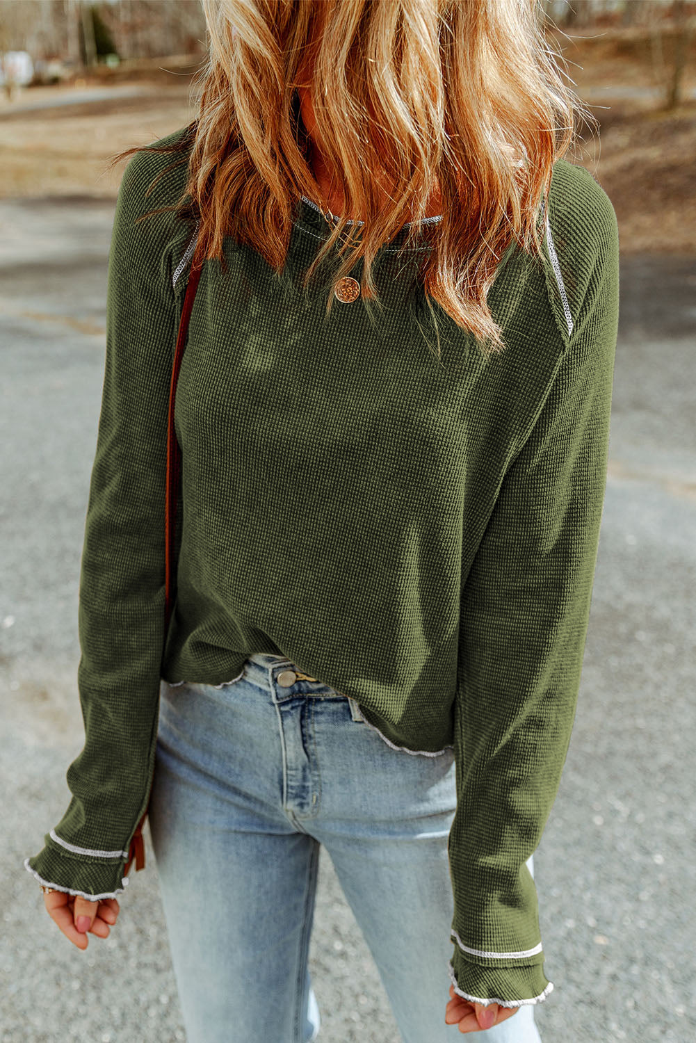 Exposed Seam Textured Pullover Long Sleeve Top - ThingsWeUseAndLove Pickle-Green-XL
