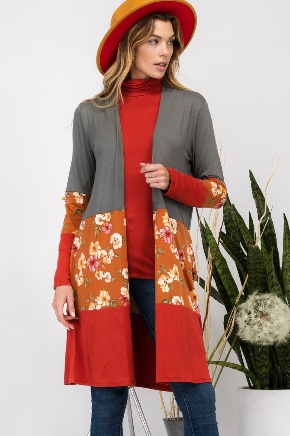 Floral Color Block Olive/Rust Open Front Cardigan - ThingsWeUseAndLove 