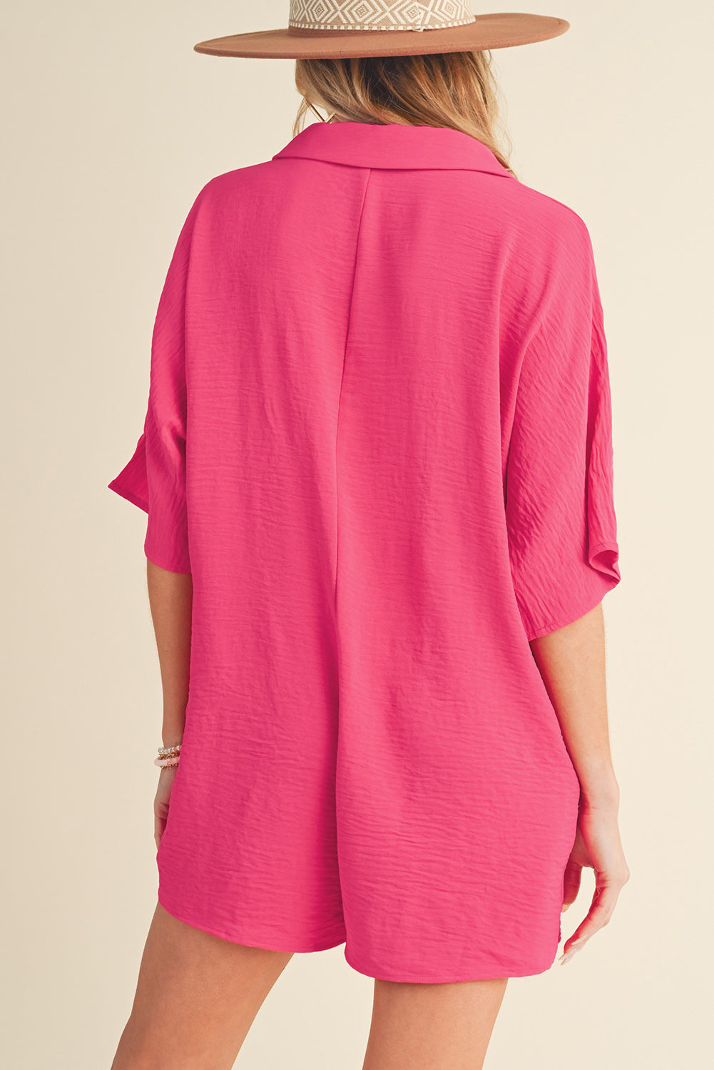 Bright Pink Plain Half Button Collared Pocket Loose Romper - ThingsWeUseAndLove 