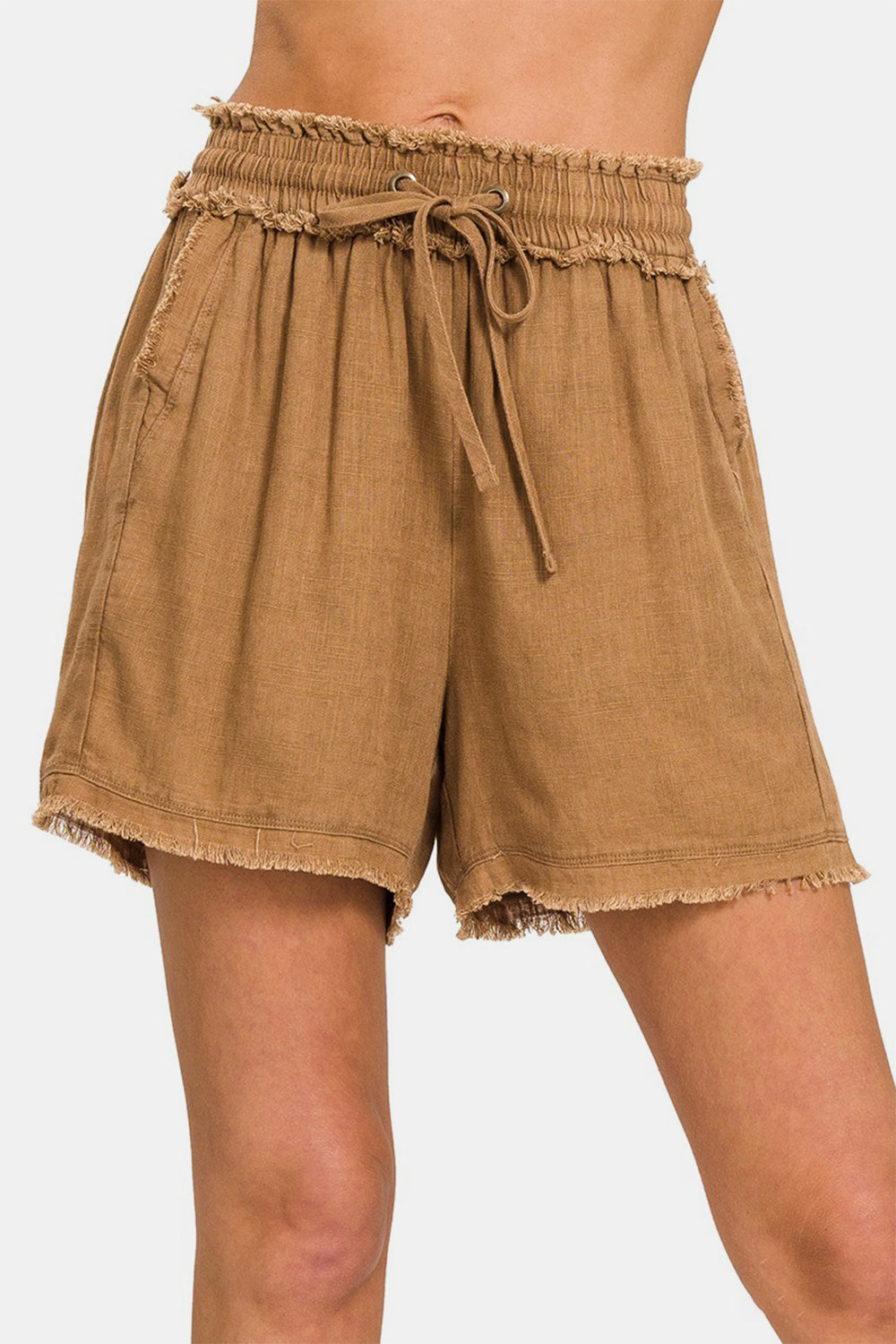 Zenana Washed Linen Frayed Hem Drawstring Shorts - ThingsWeUseAndLove Deep-Camel-XL