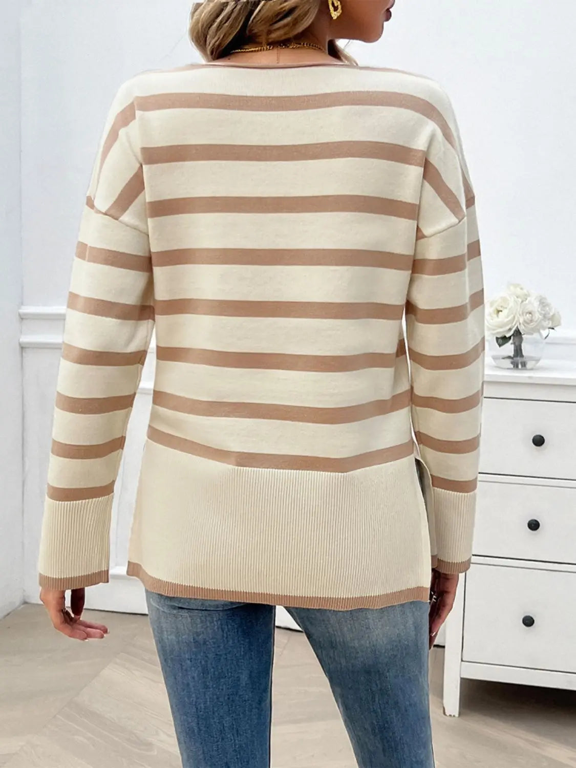 Striped V-Neck Long Sleeve Knit Top - ThingsWeUseAndLove 